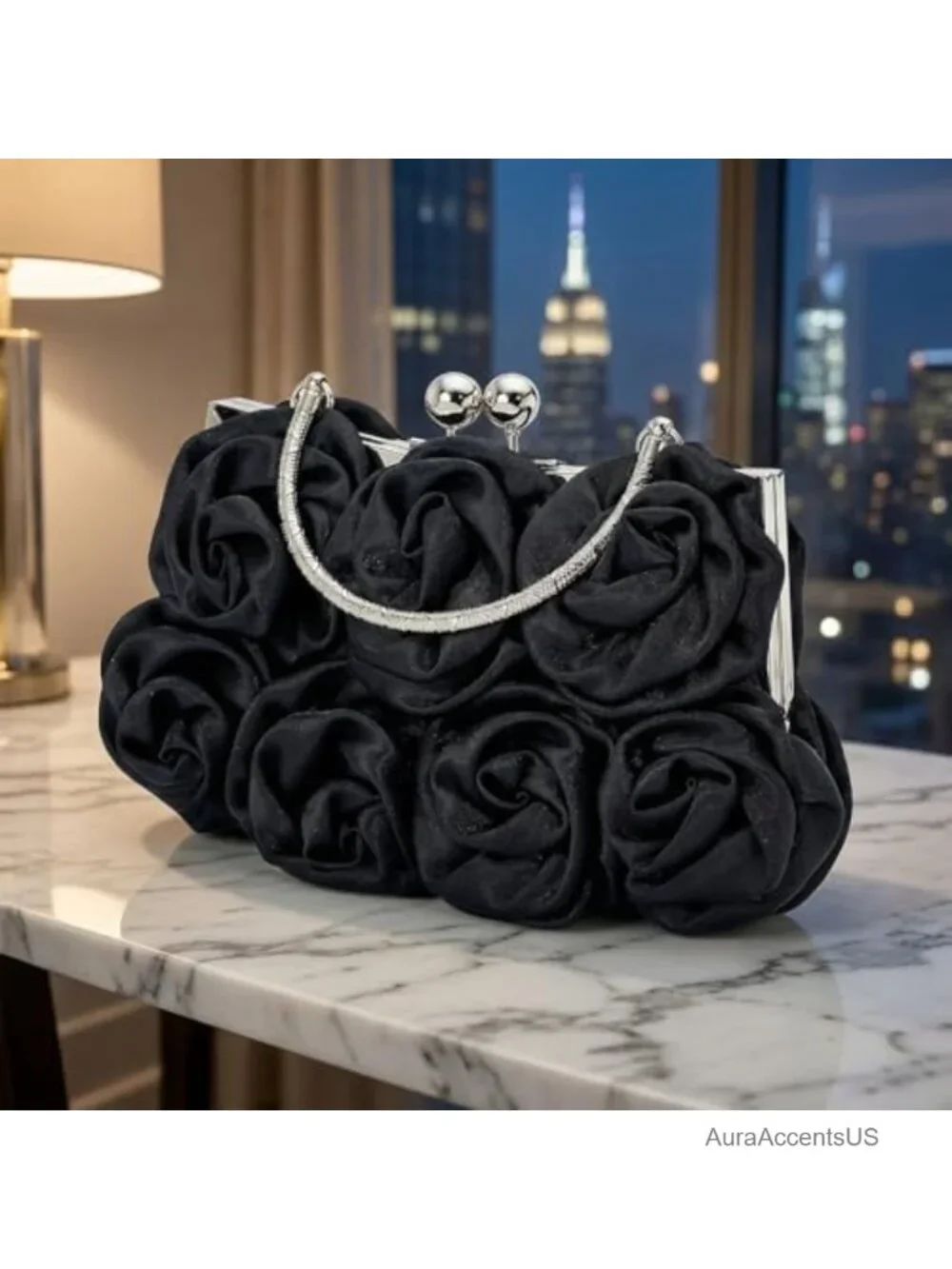 Satin Clutch Purse with 3D Roses Evening Bag Wedding Party Prom Dressy Handbag